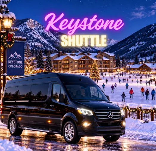 Black shuttle van for Keystone ski resort transportation in Colorado