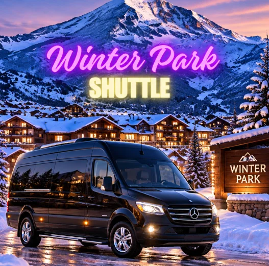 Black shuttle van for Winter Park ski resort transportation in Colorado
